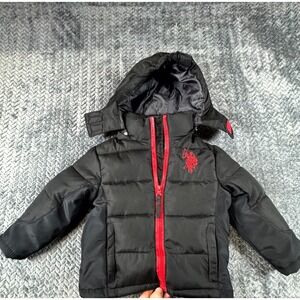 U.S. Polo Assn Puffer Jacket Toddler 2T Black Red Logo Hooded Full Zip Winter
